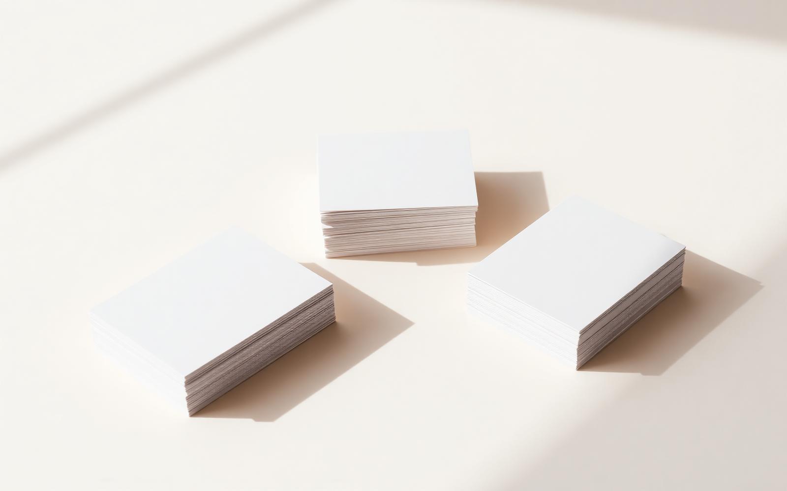 Pilhas de cartões de estudo em branco sobre superfície de papel clara