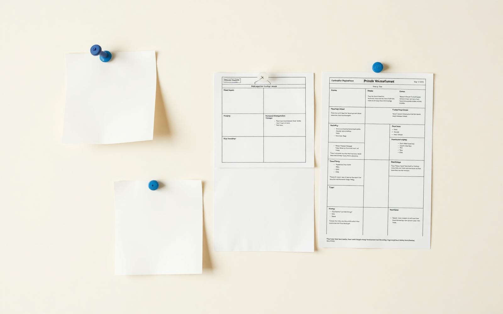 Notas adesivas em branco e folhas de wireframe fixadas em um painel claro